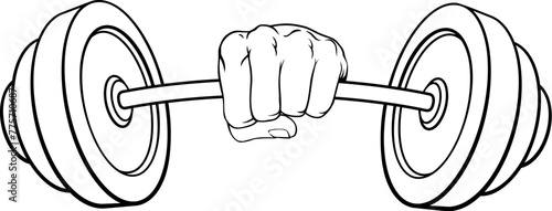 A weight lifting or weightlifting fist hand holding a heavy barbell or dumbbell concept.