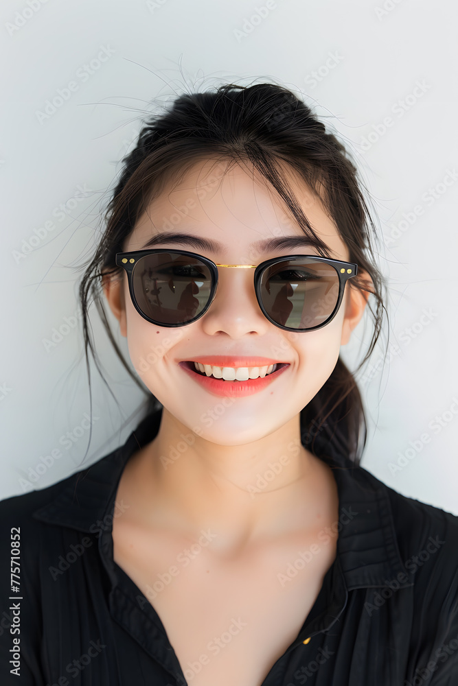 Closeup portrait of a beautiful Asian woman wearing sunglasses, happy and smiling Closeup portrait of a beautiful Asian woman wearing sunglasses, happy and smiling