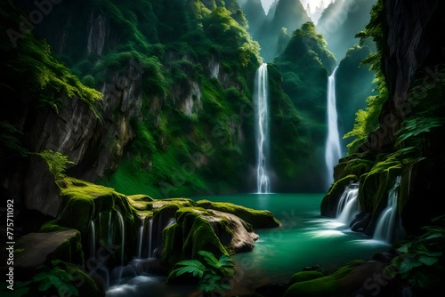 A serene waterfall gracefully descending through a lush green canyon, its mist creating a dreamy atmosphere