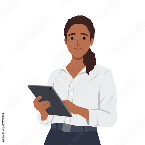 Young woman pointing and showing smth with hand. Smiling secretary or businesswoman explaining and presenting. Flat vector illustration isolated on white background