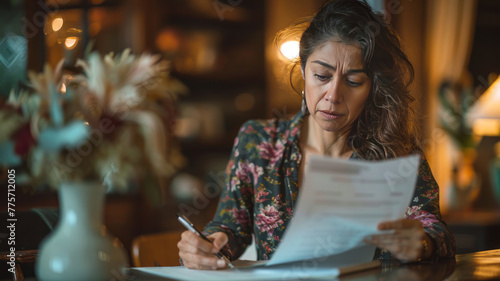 a worried female hispanic women looking over papers on a table,generative ai © Krisana