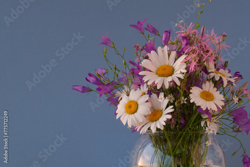 Wallpaper Mural Bouquet of wildflowers in a round glass vase on a blue background

 Torontodigital.ca
