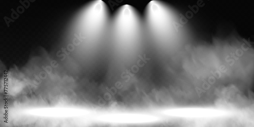 Dark stage on transparent background, white light from spotlight, empty dark stage and studio room with floating smoke. For product demonstrations.	