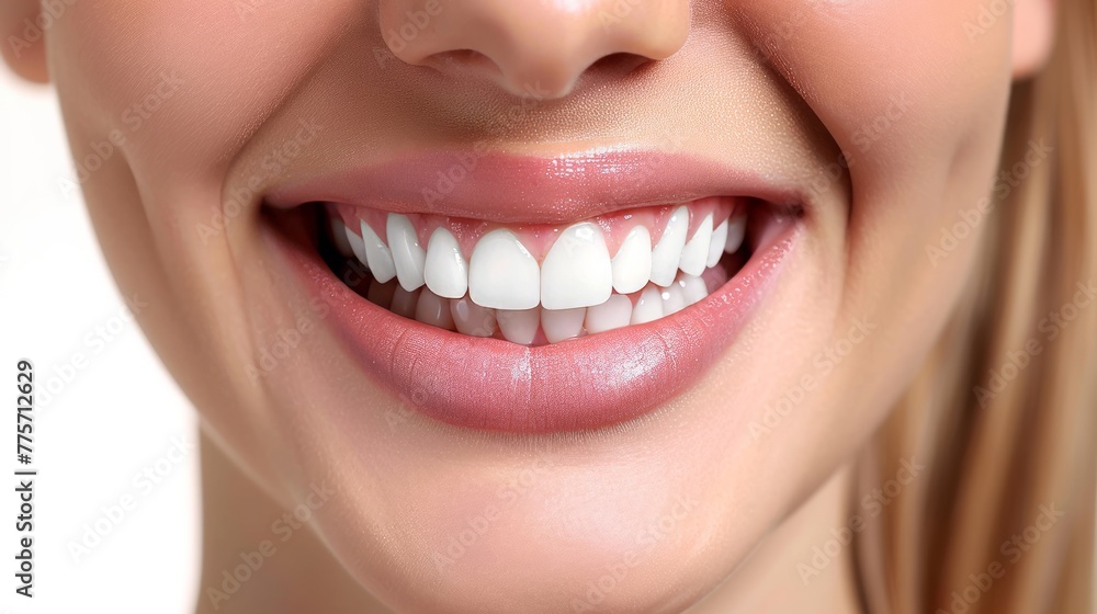 Fototapeta premium Perfect healthy teeth smile of a woman isolated on a white background.