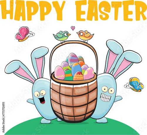 Happy easter greeting card with cute cartoon blue rabbit holding easter basket with stack of colorful eggs. Easter egg hunt hand drawn concept illustration banner.