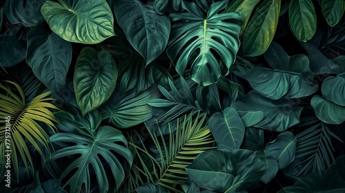 The jungle with dark coloured leaves  exotic atmosphere. Tropical leaves background.