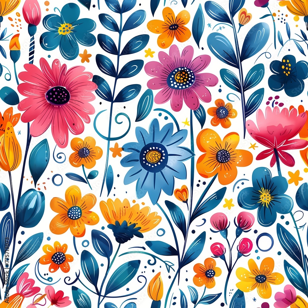 A seamless pattern featuring vibrant and colorful flowers on a clean white background, lively design, wrapping paper A seamless pattern featuring vibrant and colorful flowers on a clean white background, lively design, wrapping paper