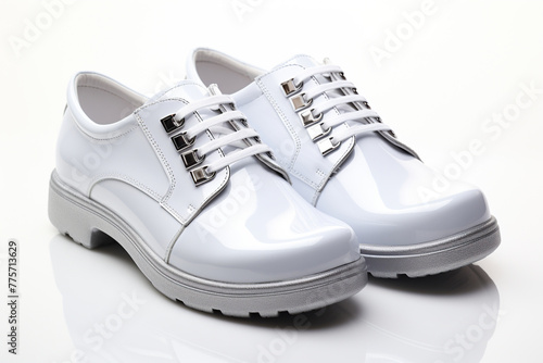 Pair of white lace-up boots on a white background. Generated by artificial intelligence