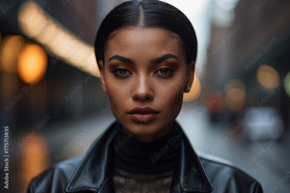 A woman with dark hair and makeup is standing on a city street A woman with dark hair and makeup is standing on a city street