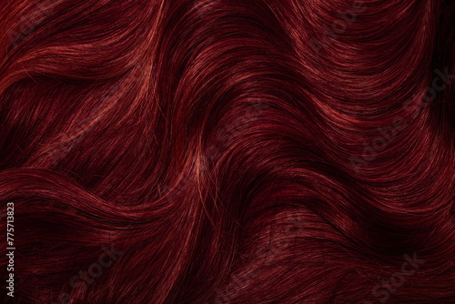 Dark red hair close-up as a background. Women's long brown hair. Beautifully styled wavy shiny curls. Coloring hair with bright shades. Hairdressing procedures, extension.