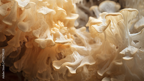 A macro shot reveals the complex, delicate texture of mycelium fungi, showcasing nature's intricate patterns and organic forms. 
