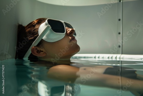 Woman with glasses floats in a sensory deprivation tank photo