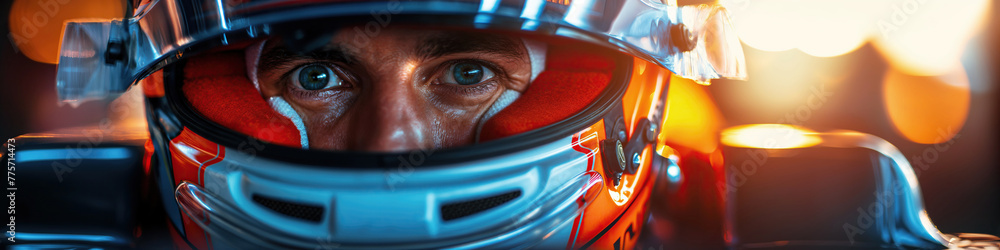 Obraz premium portrait of man driver Formula One racer pilot in helmet in racing car F1 driving on track at race competition