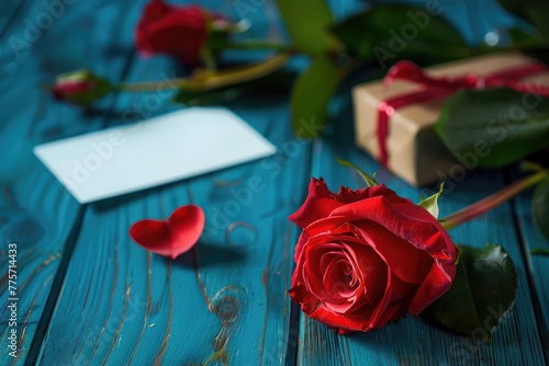 red rose on blue wood table with gift and valentines day paper card, shallow focus