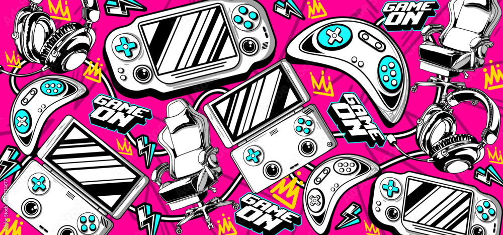 Fototapeta premium Gaming background vector and illustrations. Retro video game elements in graffiti style