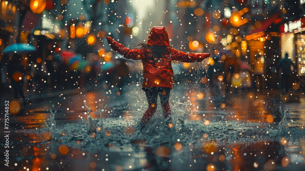 Young girl joyfully splashes in city puddle amid vibrant rain,generative ai Young girl joyfully splashes in city puddle amid vibrant rain,generative ai