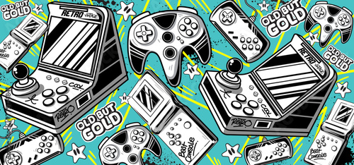Gaming background vector and illustrations. Retro video game elements in graf...