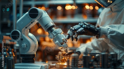Human and robotic hand in collaborative manufacturing, showcasing synergy between human expertise and robotic precision in industrial automation.
