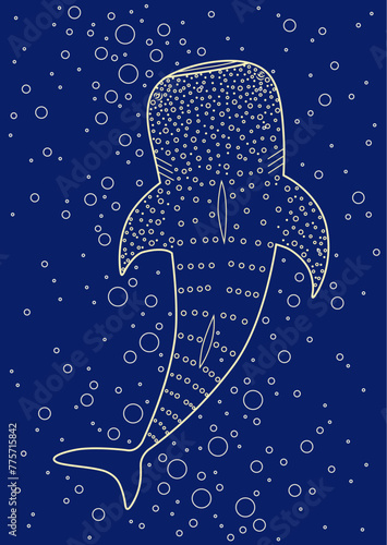 Illustration of the whale shark is swimming in the ocean. Line art