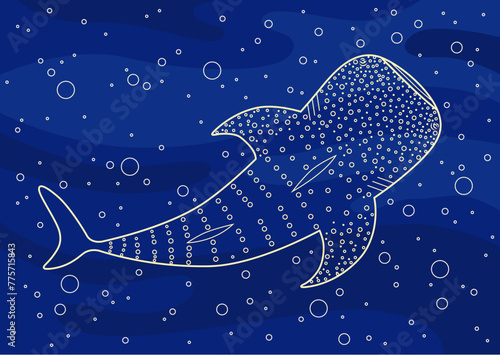 Illustration of the whale shark in the ocean. Line art