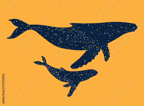 Illustration of the whales family with stars sky pattern