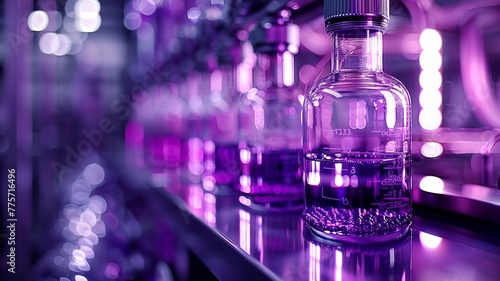 Scientific glass bottles in purple haze of laboratory lights