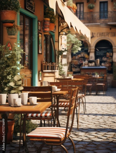 Beautiful European traditional small pavement cafe in the morning in summer, no people, vertical photo, selective focus.