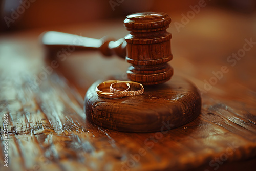 Two gold wedding rings in front of a judge's gavel on a wooden surface. Legal and matrimonial concept for divorce law and marriage dissolution proceedings photo