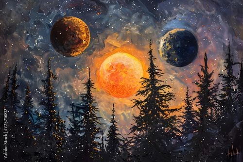 a painting of three planets in the sky with trees in the foreground and an orange sun in the middle of the sky, with trees in the foreground. photo