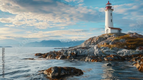 A historic lighthouse standing guard on a rocky coastline © Narmina