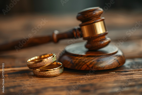 Two gold wedding rings in front of a judge's gavel on a wooden surface. Legal and matrimonial concept for divorce law and marriage dissolution proceedings photo