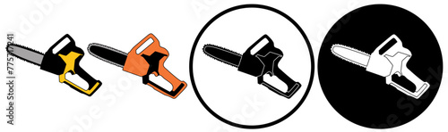 Set Handed Petrol Chainsaw icon logo. Garden tool design vector illustration