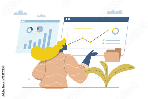 Analyze and verify, Business data analysis and monitoring, Statistics tracking management, Online communication, Businesswoman checking big data on dashboard or website page, Vector illustration.