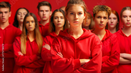 group of people wearing red shirts are standing in a line, with one woman in the middle looking angry. Scene tense and serious, as the man's expression suggests that he is not happy about something.