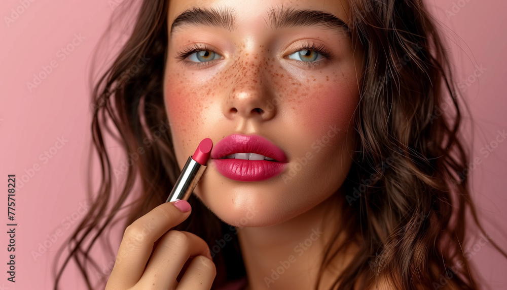 Brunette woman doing make up. Commercial shooting style. Clean empty background Brunette woman doing make up. Commercial shooting style. Clean empty background