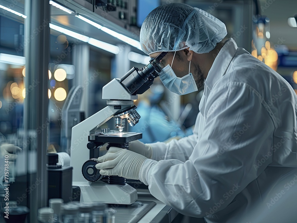 In a meticulous examination, a lab technician scrutinizes nanotech devices for detecting tumors in cancer screening. In a meticulous examination, a lab technician scrutinizes nanotech devices for detecting tumors in cancer screening.
