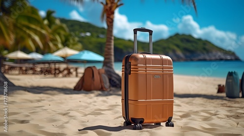 summer travel  background with orange bag on the beach © Spyrydon