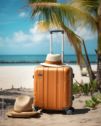 summer travel  background with orange bag on the beach © Spyrydon