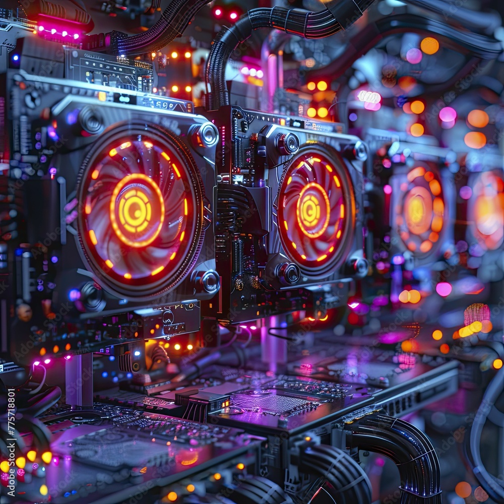 Examining the intricate setup of a cryptocurrency mining rig, emphasizing the graphics cards and cooling systems amidst a techy atmosphere.