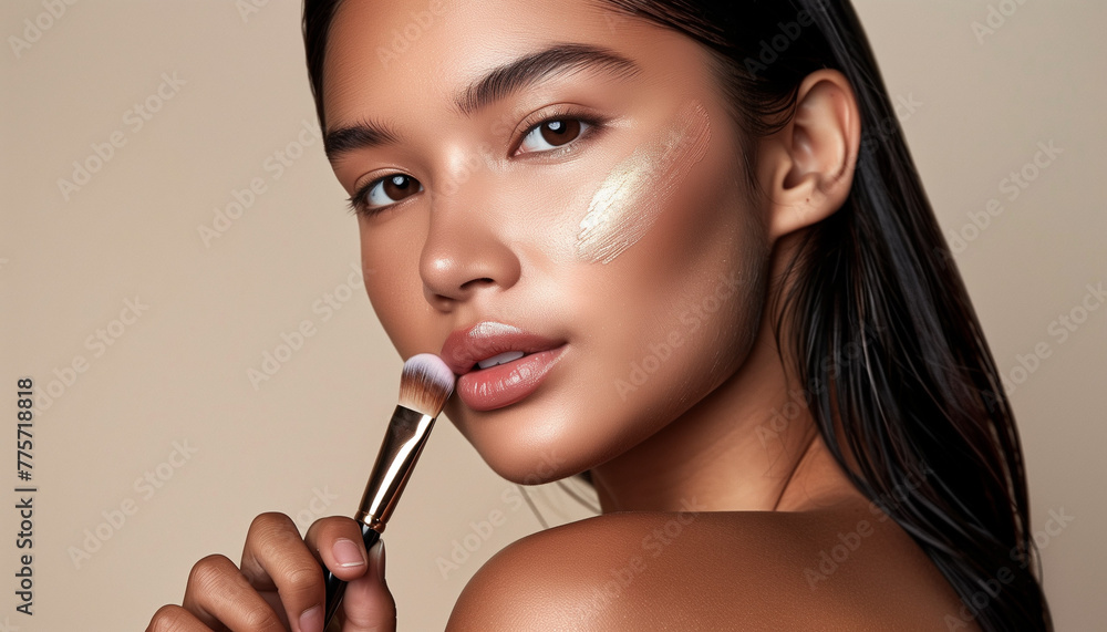 Obraz premium Asian woman is doing makeup. Commercial shooting style. Clean empty background