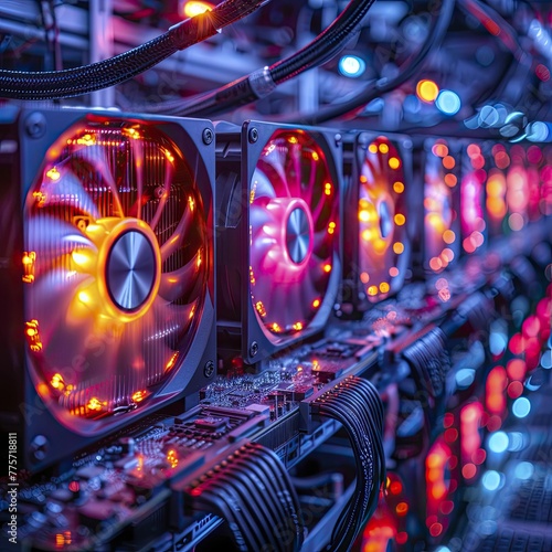 Detailed shot of a cryptocurrency mining rig showcasing high-performance graphics cards and advanced cooling systems, exuding a techy vibe. photo