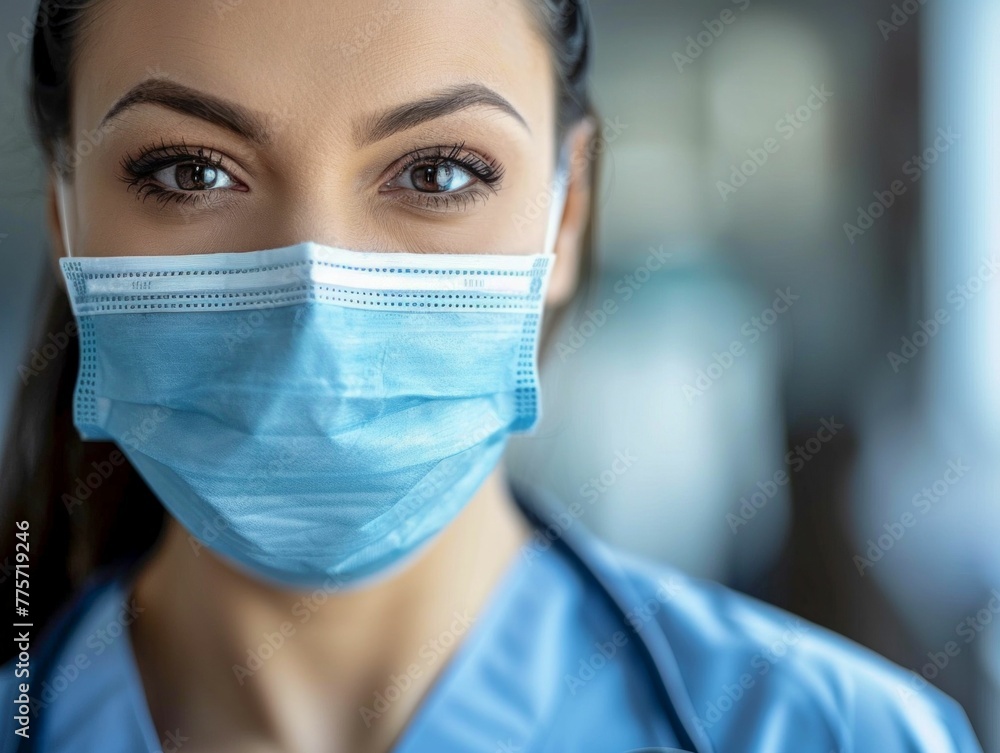 Dedication in Her Eyes: Healthcare Worker in Protective Mask. Generative ai Dedication in Her Eyes: Healthcare Worker in Protective Mask. Generative ai