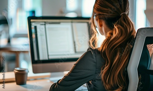 Professional Woman Working on Computer in Modern Office. Generative ai photo