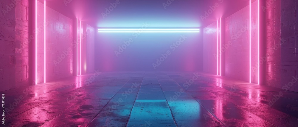 This is an abstract 3D render of a pink blue neon glowing light inside an empty room. This is a futuristic energetic technology concept. A design for a performance stage that incorporates LEDs.