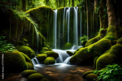 A serene waterfall gently cascading down a moss-covered wall  its tranquil beauty enhanced by the surrounding lush greenery