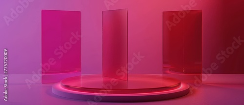 3D rendering, abstract geometrical background with violet red translucent round glass. Modern minimal showcase mockup. Preciously vacant pedestal, podium, stage platform to display commercial photo