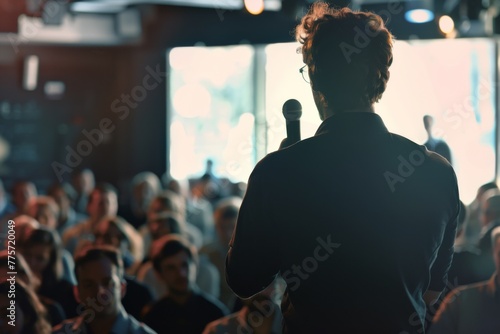 Back view of a male speaker addressing a diverse crowd at a business event in a well-lit conference room.