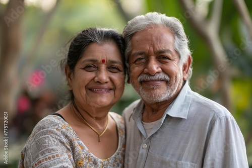 Portrait of senior old smiling Indian couple in love standing against blurred outdoor background
