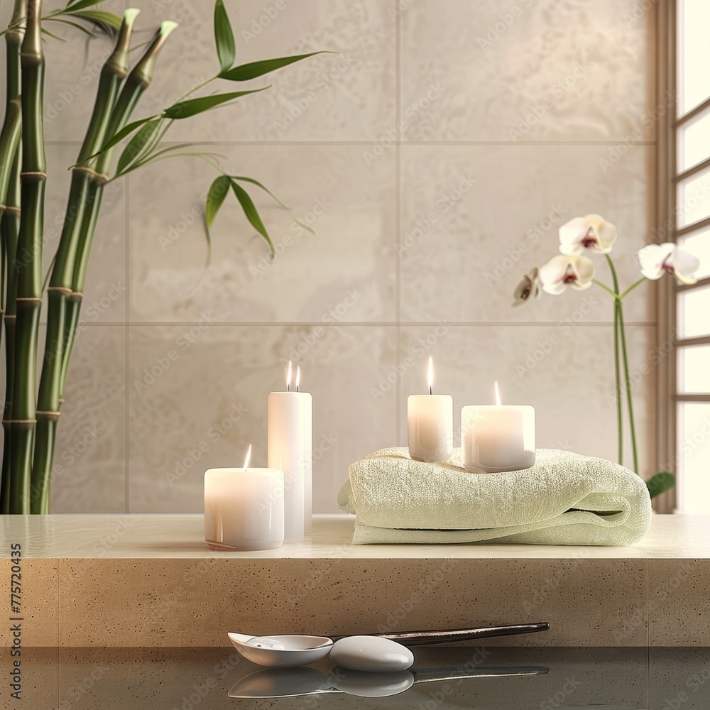 A serene spa setting with candles, towels, and a bamboo plant, evoking relaxation and tranquility. 