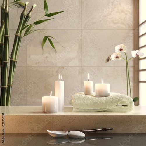 A serene spa setting with candles, towels, and a bamboo plant, evoking relaxation and tranquility. 